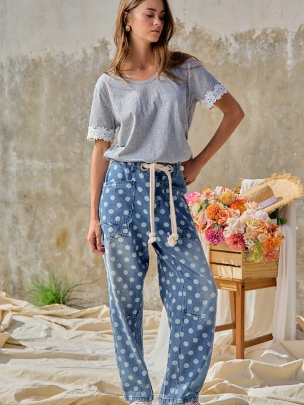 "The Harmony" Polka Dot Printed Denim Pants With Waist Belt - Picture 7 of 8